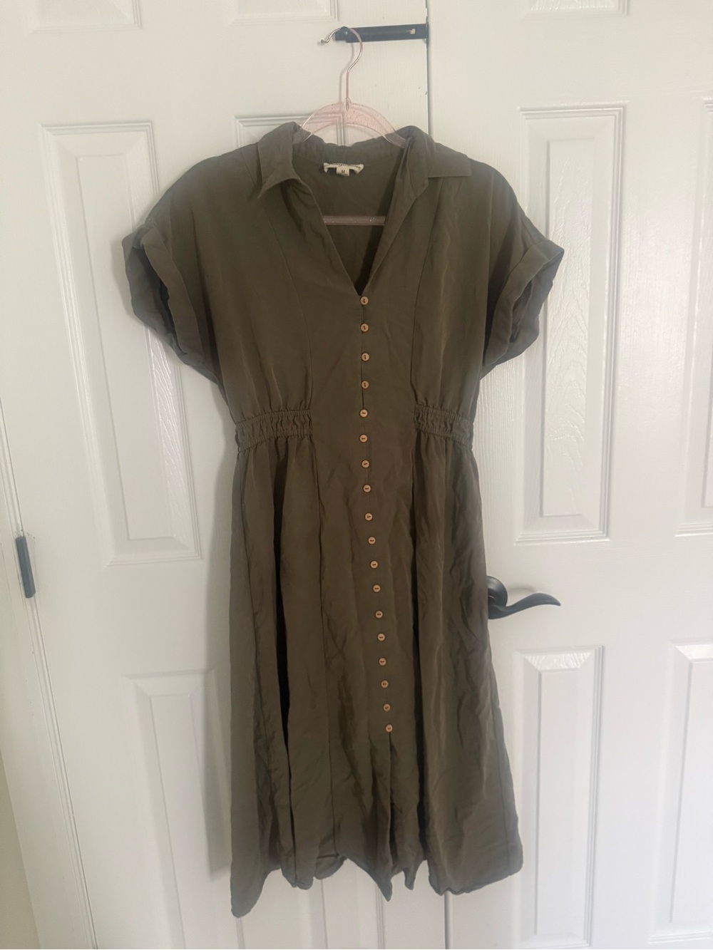 Women’s Olive Midi Shirt Dress with Button Front